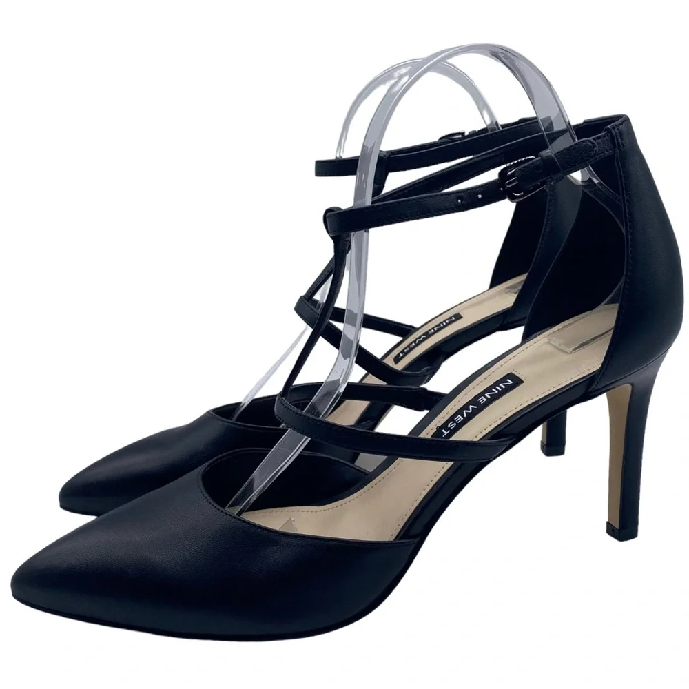 Nine West Women's Pumps Cintia T-Strap Black Leather Classic Point Toe Size 9